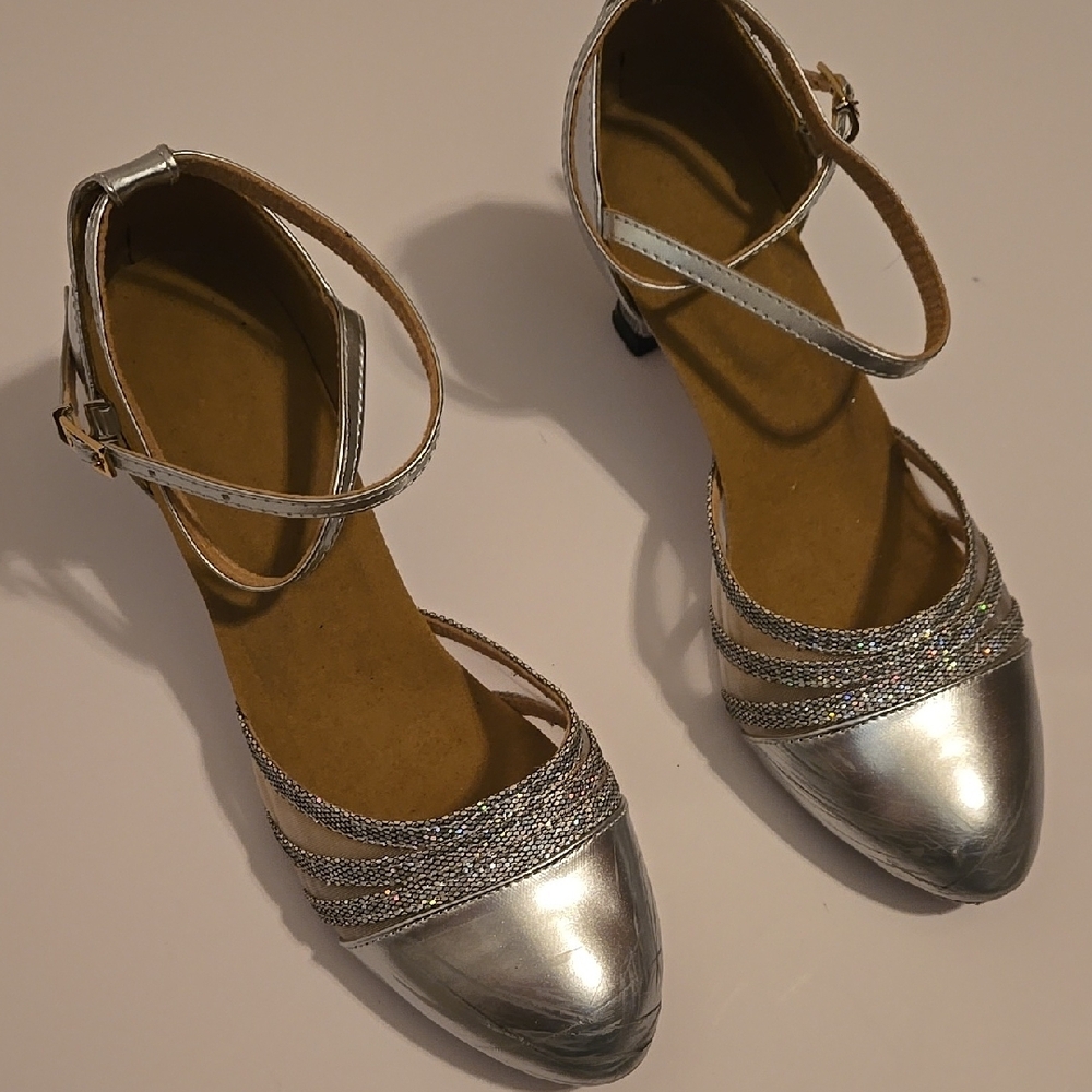 Silver Heels with Ankle Strap and Rounded Toe